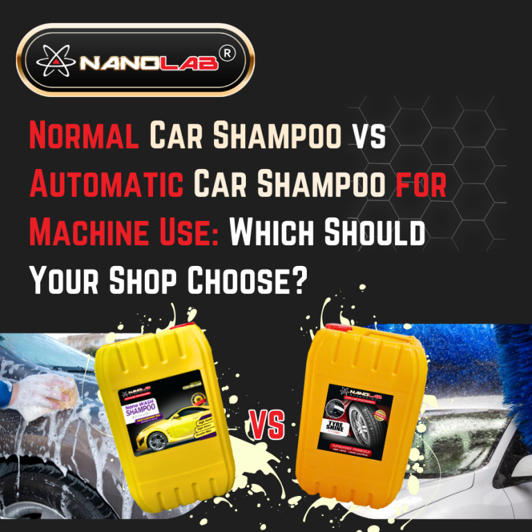 Comparison between Nanolab normal car wash shampoo and Nanolab automatic car shampoo for machine use, benefits and applications.