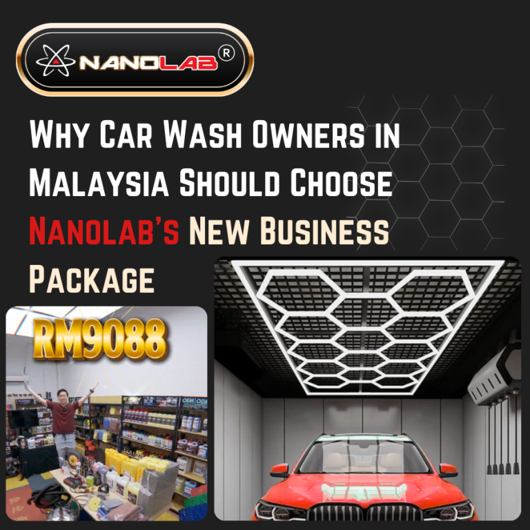 Nanolab new business package includes professional car wash shampoo, degreasers, coatings, brushes, machines like vacuum and compressor, LED lights, and floor mat for complete car wash and detailing setup.
