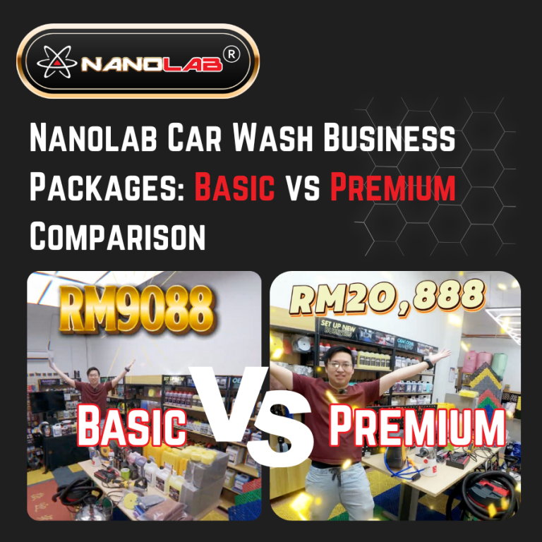 Nanolab Basic vs Premium Car Wash Package comparison, showing professional chemicals, tools, machines, LED lights, floor mat, and training options for Malaysian car wash owners.