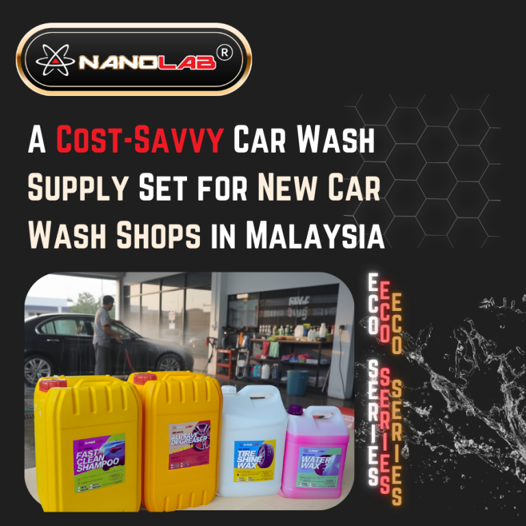Nanolab ECO Series car wash supply set featuring shampoo, degreaser, water wax, and tire shine designed for cost-effective car wash startups in Malaysia.