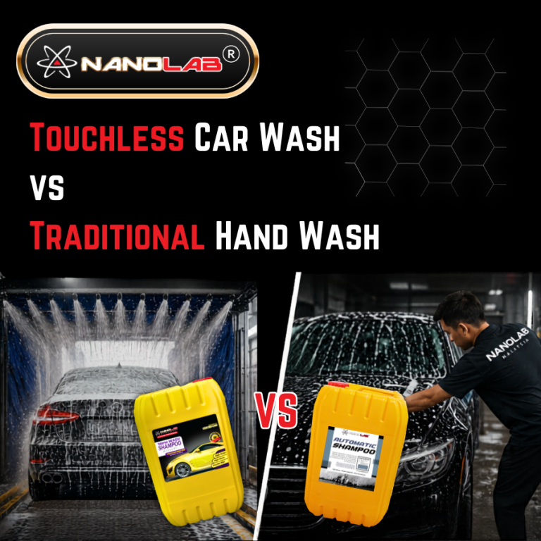 Touchless car wash vs traditional hand wash comparison showing shampoo for automatic car wash system and manual car detailing process in Malaysia