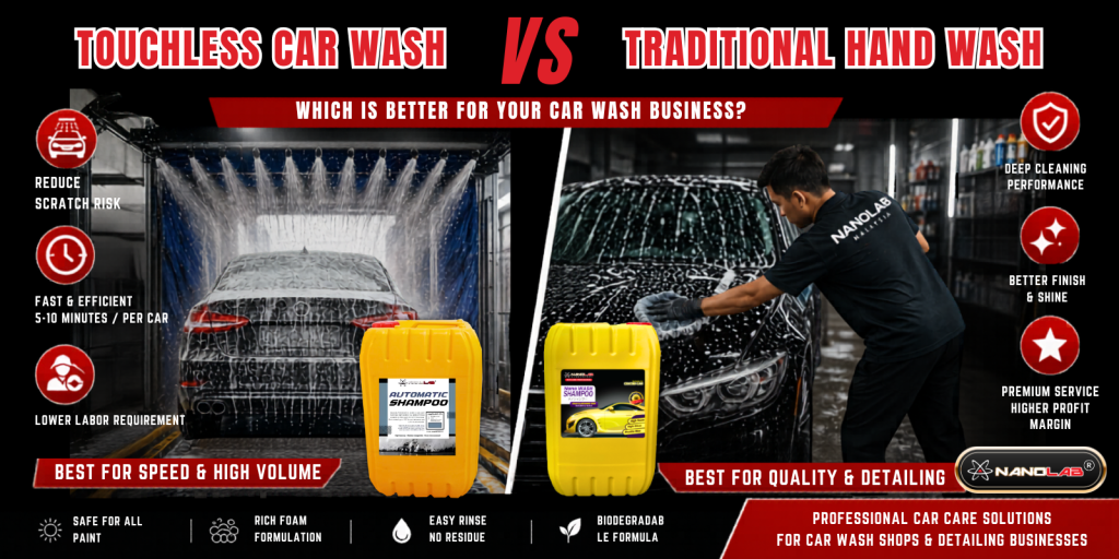 Comparison of touchless car wash shampoo and traditional hand wash shampoo for detailing service and car wash shops in Malaysia and Singapore