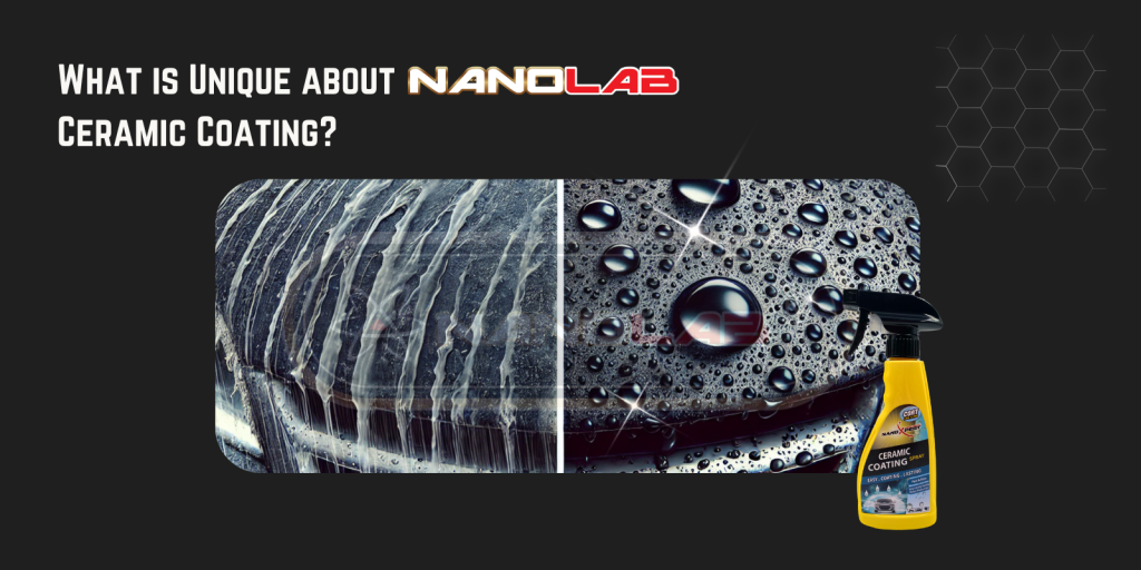 Close-up of hydrophobic ceramic coating water beading on vehicle paint surface