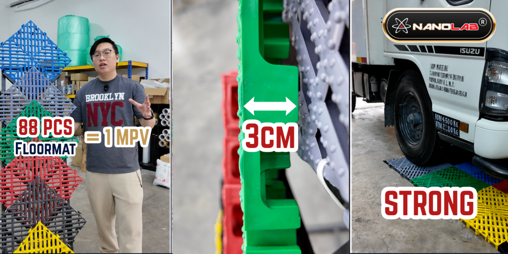 Professional 3cm car wash floor mat installed in a detailing workshop, improving drainage, workplace safety, and efficient removal of water, mud, sand, and road debris.