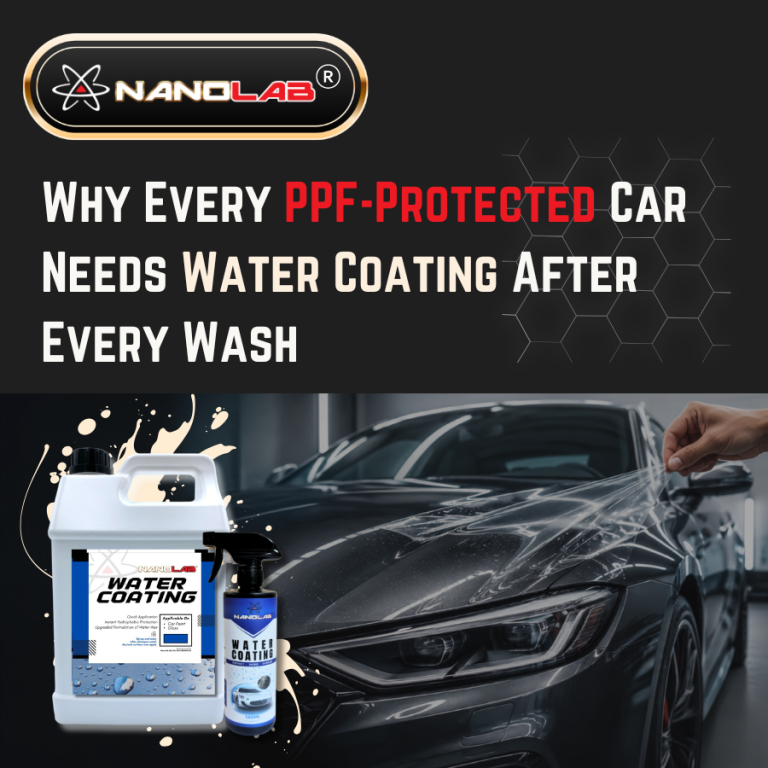 Nanolab Water Coating applied on a Paint Protection Film (PPF) vehicle to enhance hydrophobic performance, gloss, and long-term protection for professional car care.
